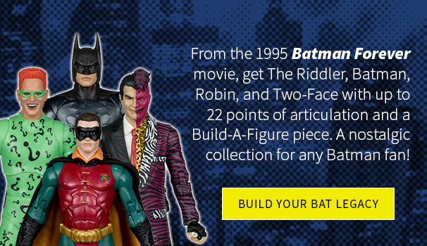 From the 1995 Batman Forever movie, get Batman, Robin, The Riddler, and Two-Face with up to 22 points of articulation and a Build-A-Figure piece. A nostalgic collection for any Batman fan! 